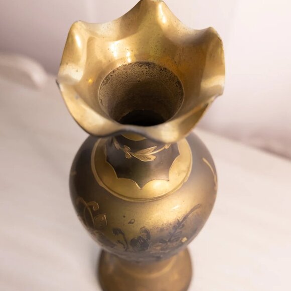 Tall Silver and Gold Tone Brass Vase with Floral Designs & Ruffle Edge - Picture 5 of 5